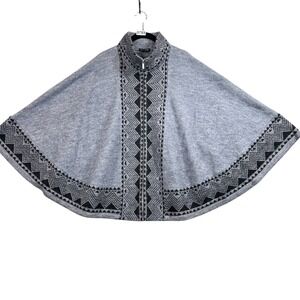 Katie Todd Wool Cape Womens Small Medium Gray Black Knit Aztec Poncho Jacket Zip